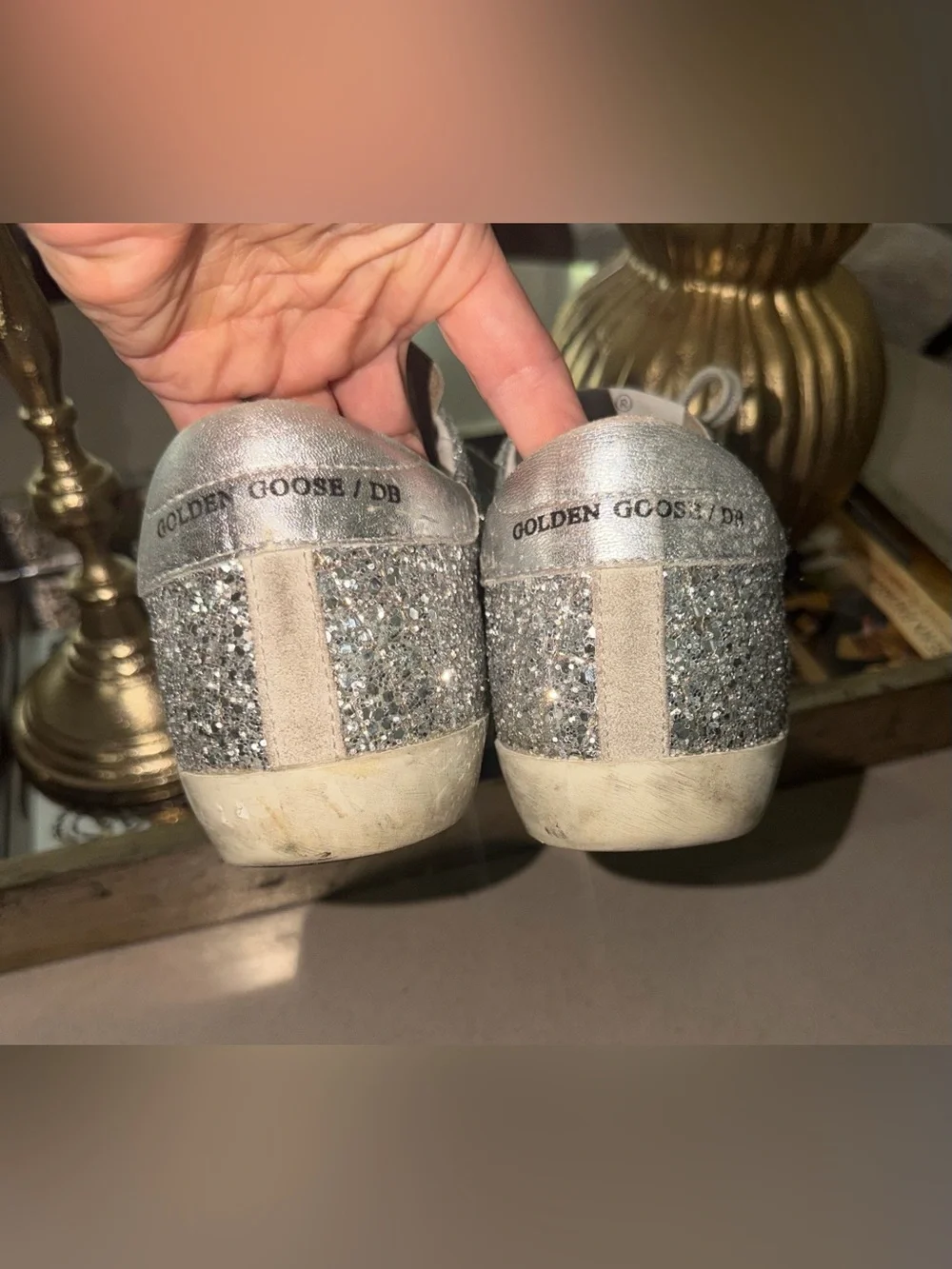 Golden Goose Silver Glitter Low-Top Sneakers with Black Star